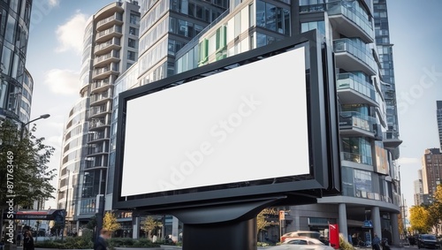 A close-up view of a large, blank billboard mockup situated in a bustling urban area. The image captures the essence of city life, with a focus on advertising and commercial opportunities
