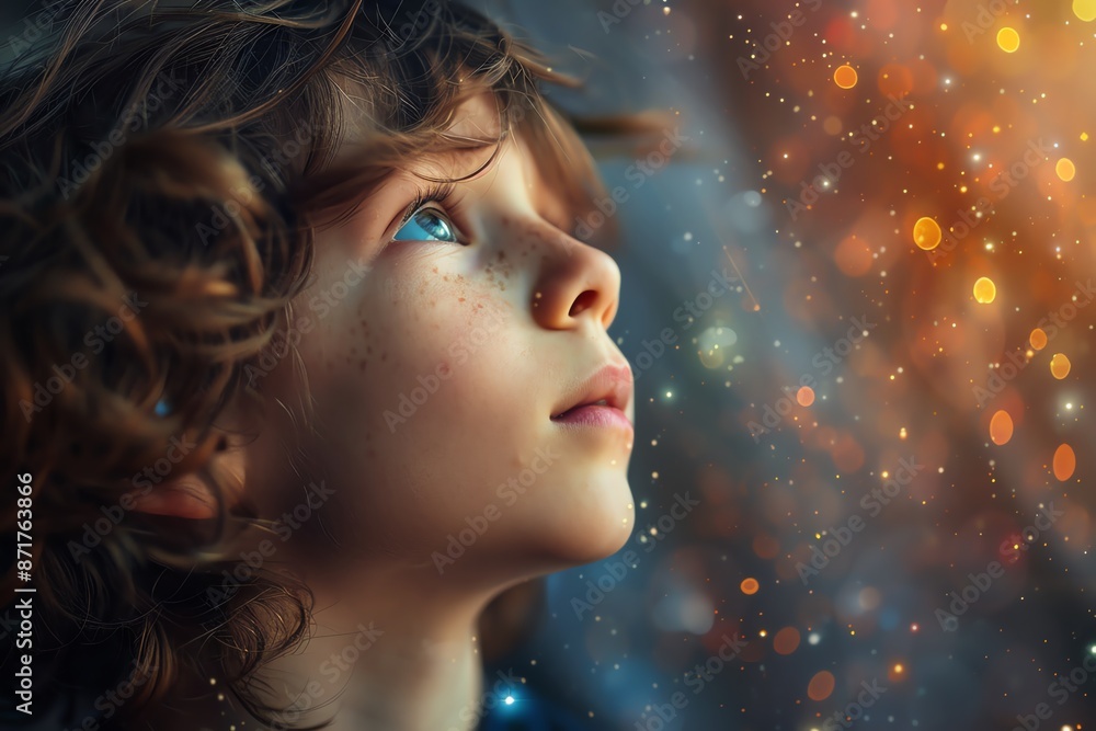 Charming young boy in wonder Unique wonder concept with a fantasy vibrant ethereal colorful approach Conceptual image of curiosity and awe With copy space Glowing light of discover Charming young boy in wonder Unique wonder concept with a fantasy vibrant ethereal colorful approach Conceptual image of curiosity and awe With copy space Glowing light of discover
