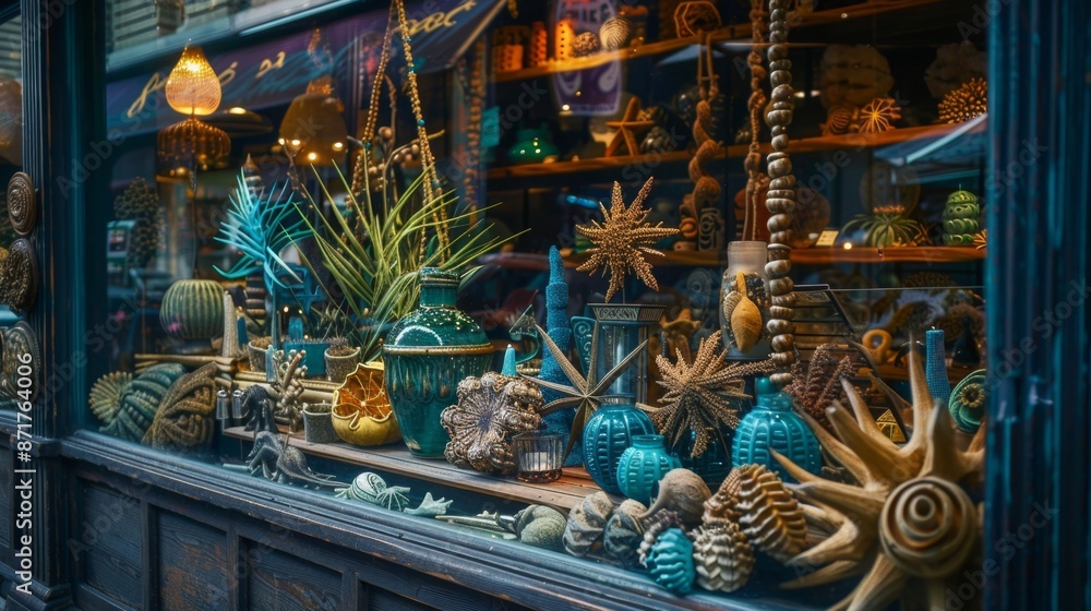 Blue and Gold Decor in a Shop Window. Blue and Gold Decor in a Shop Window.
