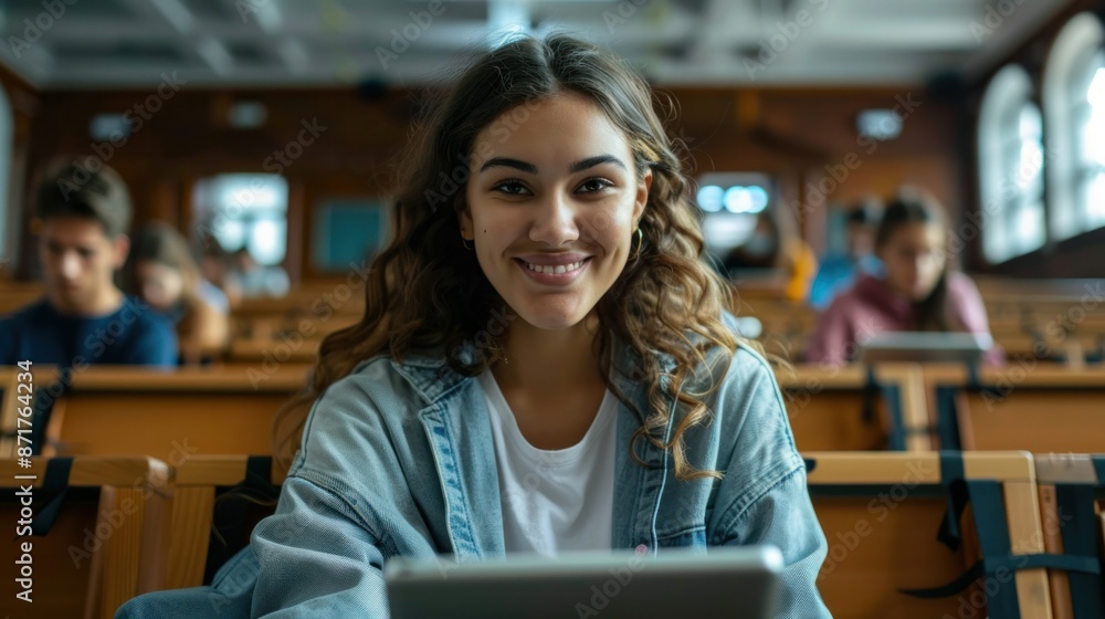 Happy female student using touchpad at lecture hall and looking at camera Happy female student using touchpad at lecture hall and looking at camera