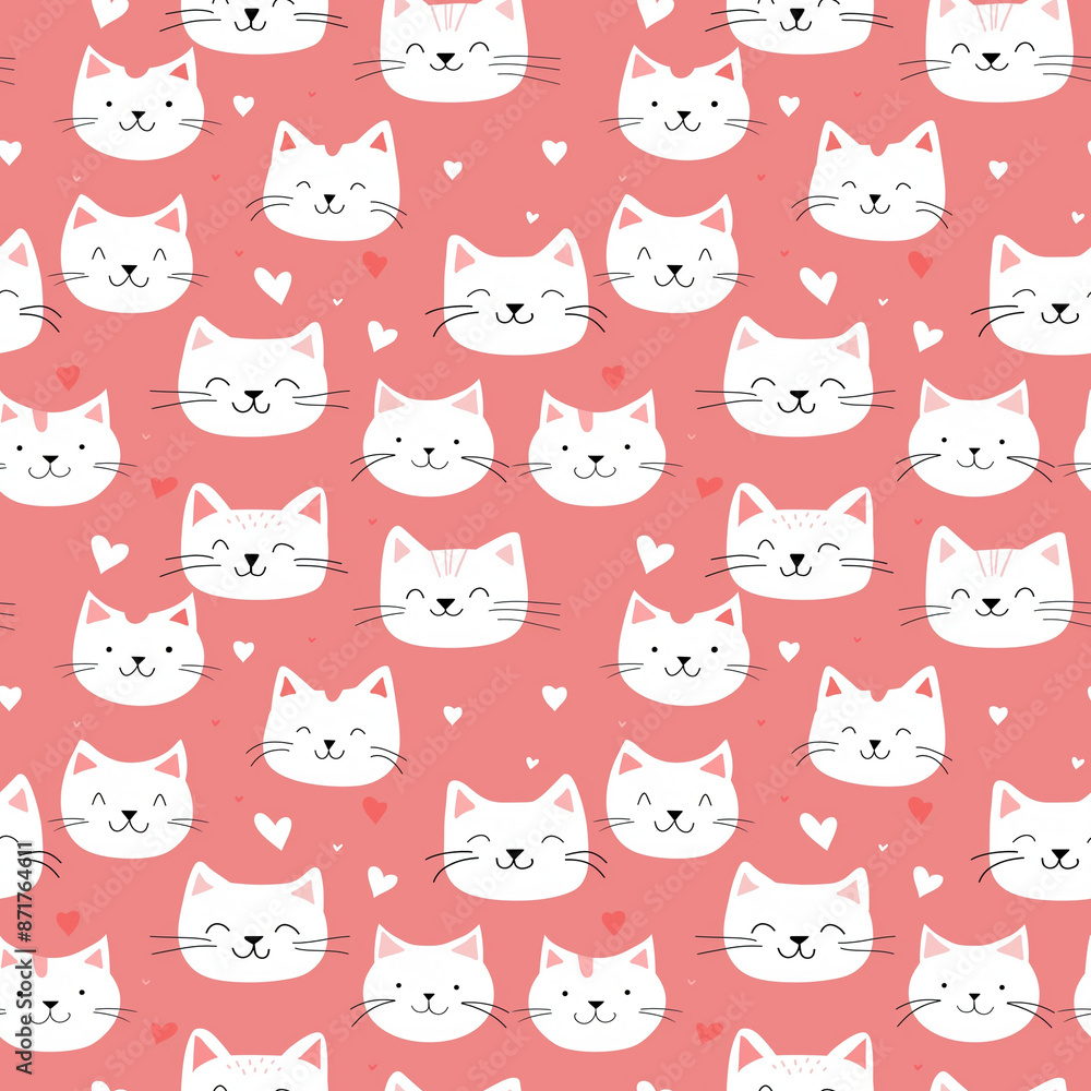 Cartoon seamless pattern with cute white cat faces on pink background. Cartoon seamless pattern with cute white cat faces on pink background.
