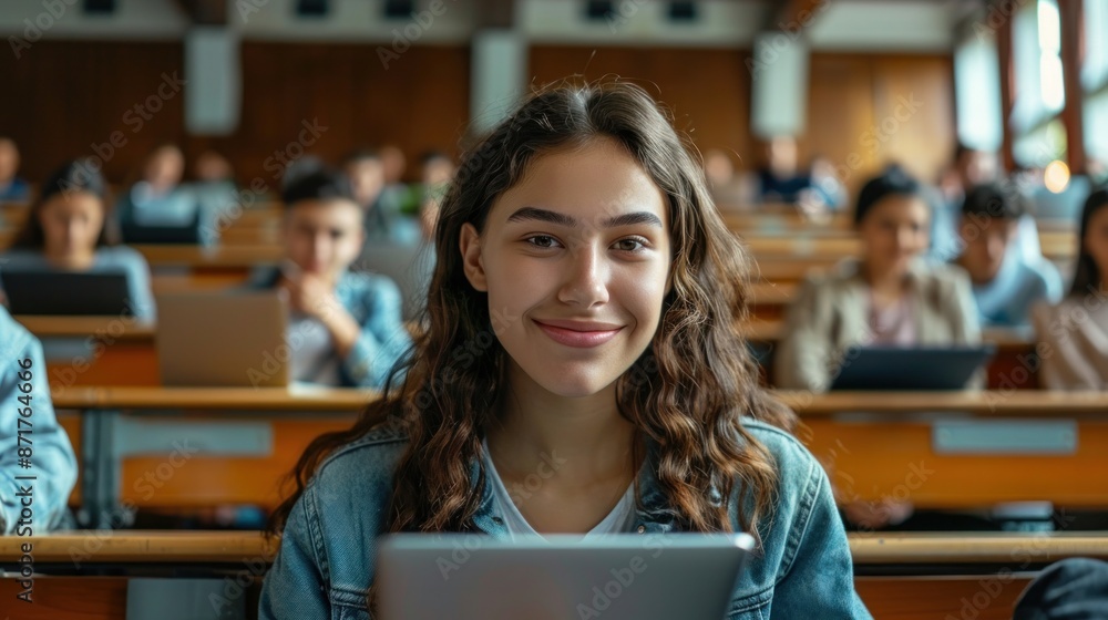 Happy female student using touchpad at lecture hall and looking at camera Happy female student using touchpad at lecture hall and looking at camera
