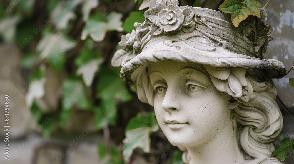 Stone Bust of a Woman with Intricate Details - A close-up view of a stone bust sculpture depicting a woman with intricate details, including a floral hat and flowing hair. The statue is partially obsc Stone Bust of a Woman with Intricate Details - A close-up view of a stone bust sculpture depicting a woman with intricate details, including a floral hat and flowing hair. The statue is partially obsc