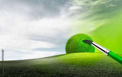 Imganinärer Pinsel malt eine Landschaft grün