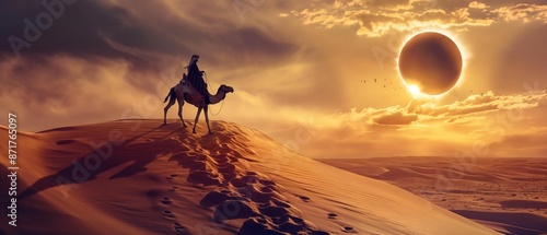 AI generator image of Man riding a camel on top of a desert mountain clear footprints And in the background there is a solar eclipse in the sky.Wide viewing angle, panorama	 photo