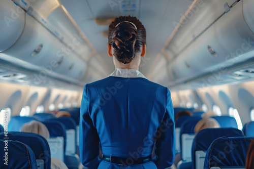 Back view of stewardess in blue uniform in airplane with passangers photo