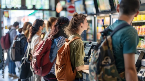 People Queuing at a Counter.