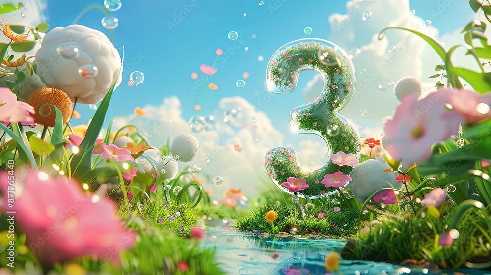 Cute big numbers, circular shapes, girly colors, blue sky background Cute big numbers, circular shapes, girly colors, blue sky background