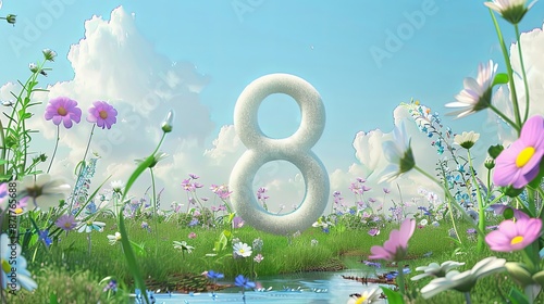 Cute big numbers, circular shapes, girly colors, blue sky background