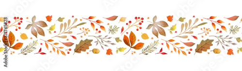 Autumn floral border. Seamless horizontal pattern with hand drawn watercolor leaves. Path with leaves, berries and acorns. Decoration for Fall, Thanksgiving and Harvest Day design. Vector illustration