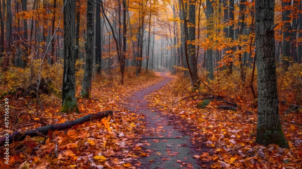 Obraz premium Walking Through Fall's Palette Leaf-Covered Forest Paths