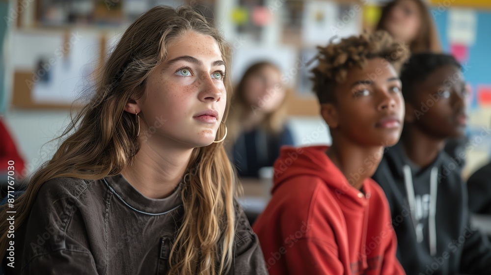 Fototapeta premium Two students debating in a classroom, focused and articulate