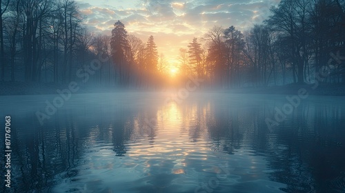 The serene beauty of a mist-covered lake at sunrise, with the surrounding trees partially obscured by the fog. The calm water reflects the soft colors of the morning sky, creating a peaceful, dreamlik © rao zabi