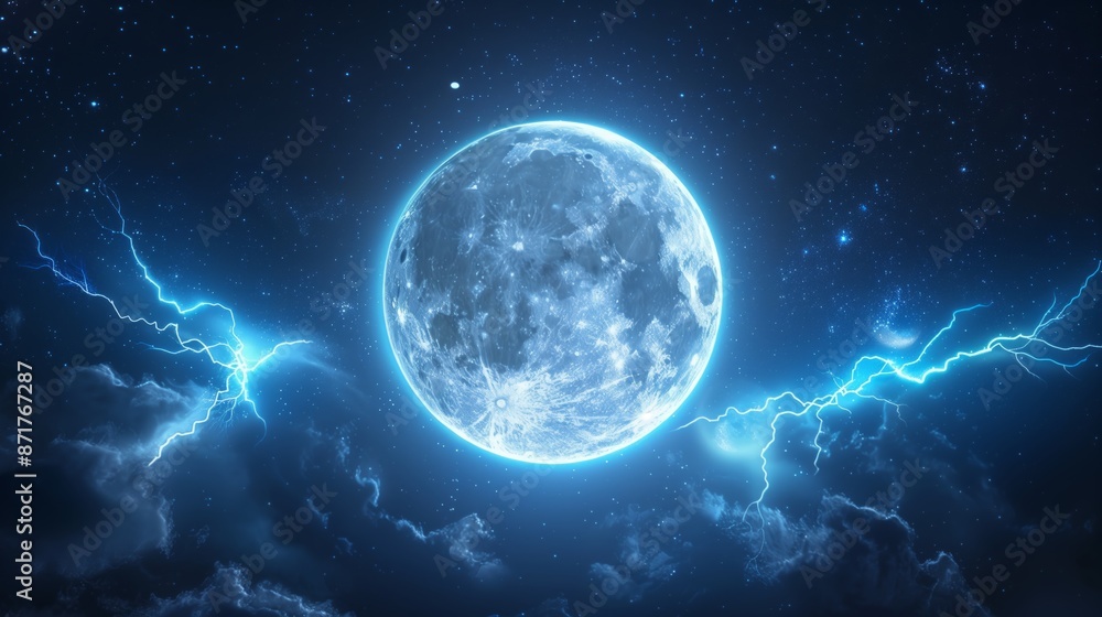 Obraz premium Full moon in the night sky with thunder and lightning