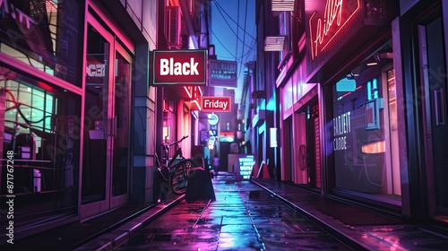 "Thrilling Black Friday Scene: Neon Lights Illuminating Shopping Madness" © Bionic