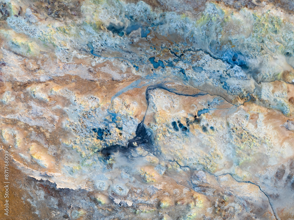 View from above, stunning aerial view of Námafjall Geothermal Area also known as Hverir with smoking fumaroles and boiling mud pots, surrounded by sulphur crystals of many different colours, Iceland.