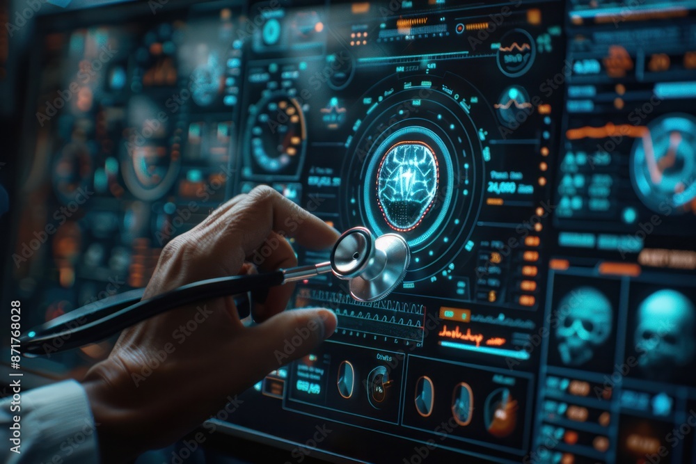 A person is using a stethoscope on a computer monitor A person is using a stethoscope on a computer monitor