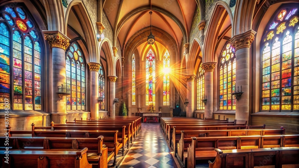 Obraz premium Majestic church interior with warm sunlight streaming through stunning stained glass windows, illuminating the sacred atmosphere of serenity.