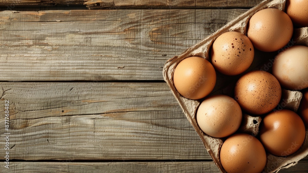 Eggs in a cardboard on wooden surface with space for text Eggs in a cardboard on wooden surface with space for text