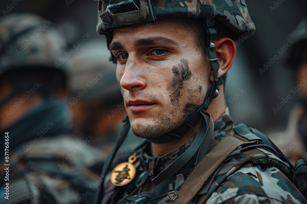 Fototapeta premium Soldier receiving a medal, recognition of bravery and dedication