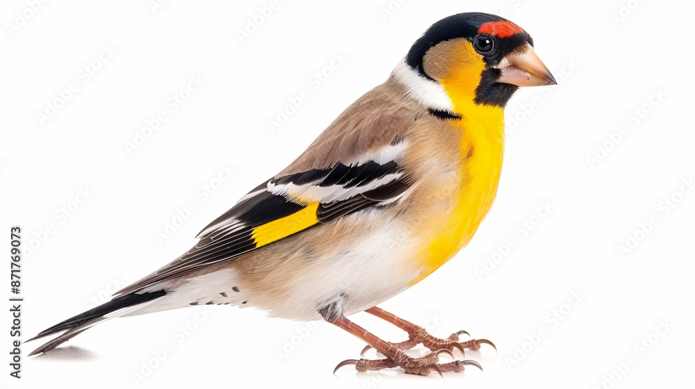 Male Goldfinch isolated on white background. Studio shot. Male Goldfinch isolated on white background. Studio shot.