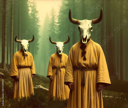 three cow skull masked men, wearing a yellow robe, outdoor scene in forest, vintage photograph,
