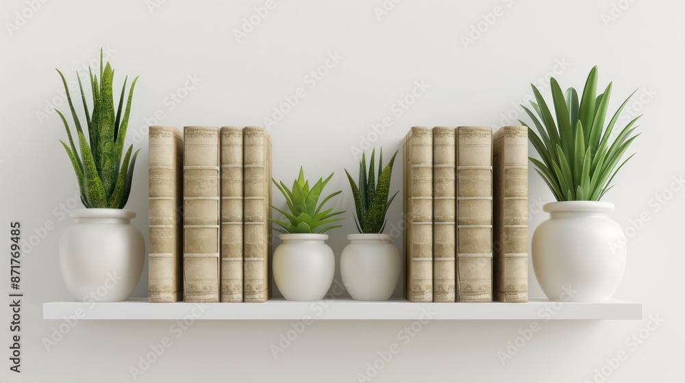Potted plants and books arranged on bookshelves white background Potted plants and books arranged on bookshelves white background