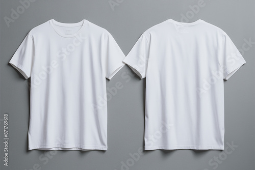 A plain white t-shirt displayed from two different angles against a gray background. On the left side, the t-shirt is shown with its front facing the viewer, while on the right.