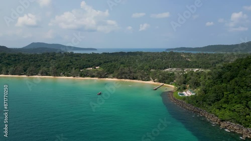 Wallpaper Mural Drone shot over the coast of Koh Rong Sanloem island. Lazy Beach. Paradise island in Cambodia. Sunny day. Turquoise water. Torontodigital.ca