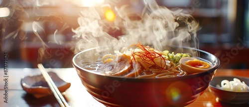 Steaming bowl of ramen with rising steam, fresh ingredients, and vibrant colors, food, appetizing