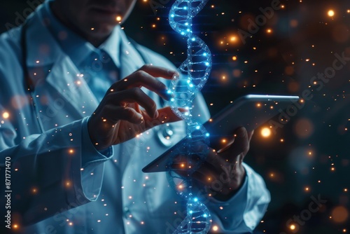 A doctor is using a tablet to look at a DNA strand photo