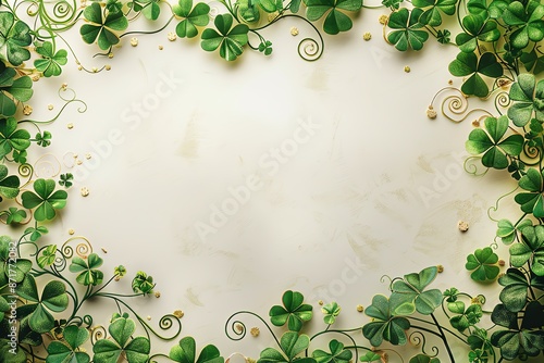 a blank white invitation for a st patricks day celebration no words Across the top is a design of four leaf clovers Use golds and greens and pretty swirl