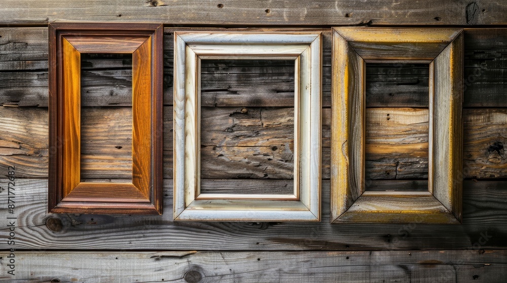 Empty picture frames on distressed wooden backdrop Empty picture frames on distressed wooden backdrop
