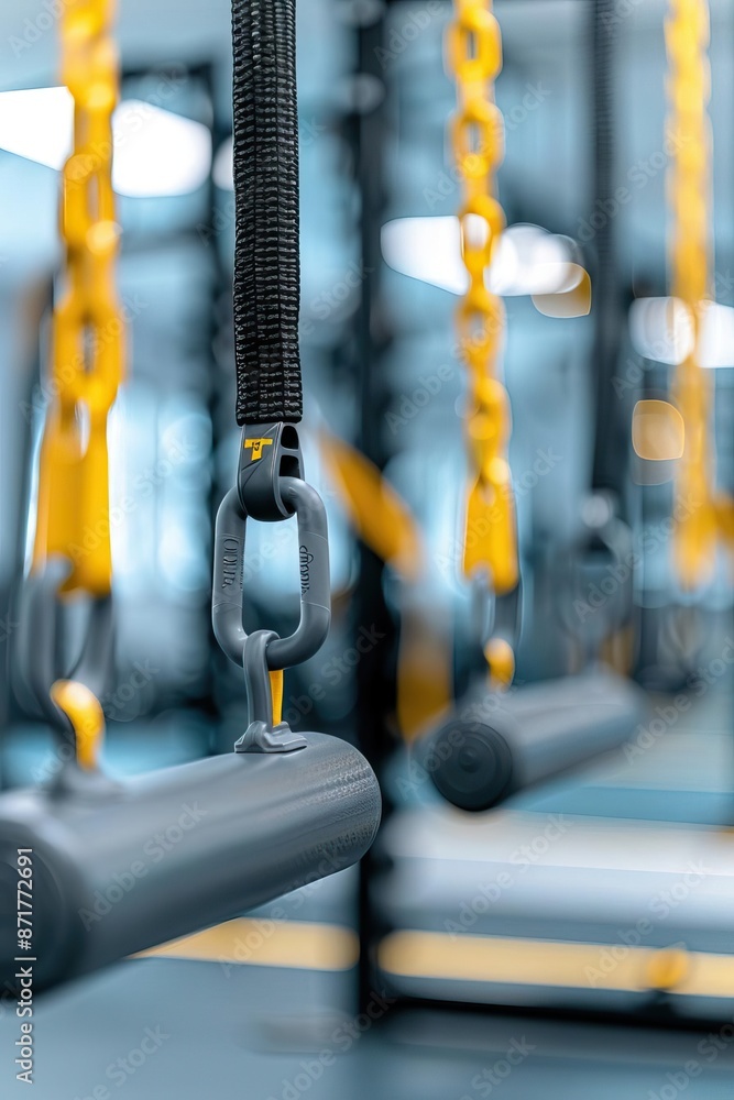 Close-up of gym equipment handles with yellow chains, showcasing a modern fitness center setup. Perfect for workout and exercise themes. Close-up of gym equipment handles with yellow chains, showcasing a modern fitness center setup. Perfect for workout and exercise themes.