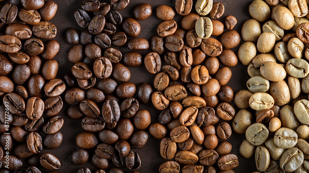 A close up of roasted coffee beans and green coffee beans. A close up of roasted coffee beans and green coffee beans.