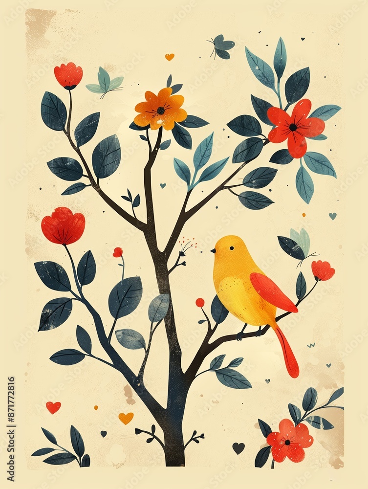 A Yellow Bird Perched On A Branch With Red And Orange Flowers A Yellow Bird Perched On A Branch With Red And Orange Flowers