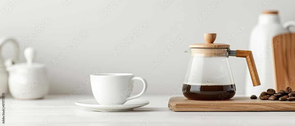 Modern kitchen setting with a white cup and saucer, a glass coffee pot with wooden handle, and a wooden cutting board with coffee beans. Modern kitchen setting with a white cup and saucer, a glass coffee pot with wooden handle, and a wooden cutting board with coffee beans.