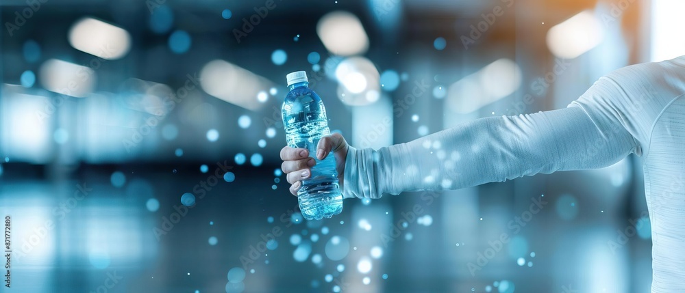 Hand holding a bottle of water with a blurred background and blue light effects, symbolizing hydration and freshness. Hand holding a bottle of water with a blurred background and blue light effects, symbolizing hydration and freshness.