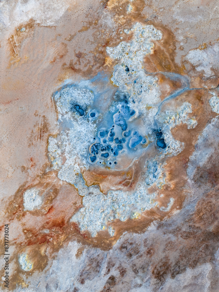 View from above, stunning aerial view of Námafjall Geothermal Area also known as Hverir with smoking fumaroles and boiling mud pots, surrounded by sulphur crystals of many different colours, Iceland.