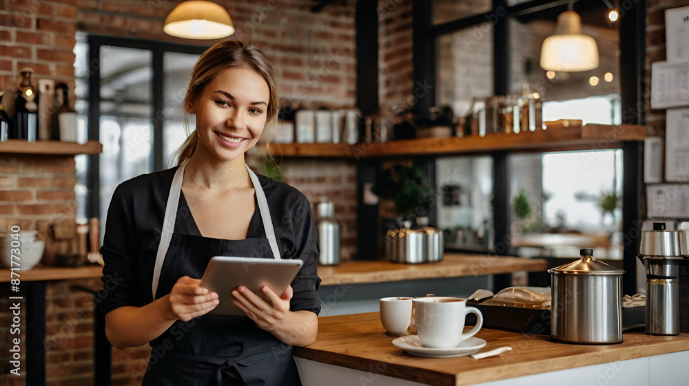 Portrait of a happy waitress standing at restaurant holding digital tablet. Happy mature woman owner in black dress standing at coffee shop leaning while looking away with copy space. Portrait of a happy waitress standing at restaurant holding digital tablet. Happy mature woman owner in black dress standing at coffee shop leaning while looking away with copy space.