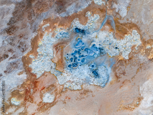 Obraz na płótnie View from above, stunning aerial view of Námafjall Geothermal Area also known as Hverir with smoking fumaroles and boiling mud pots, surrounded by sulphur crystals of many different colours, Iceland. w salonie