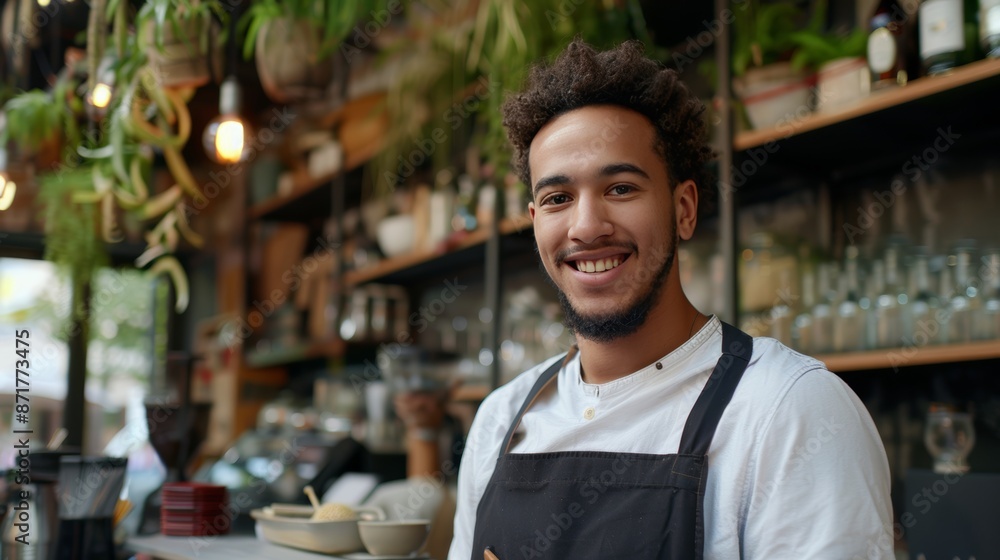 Fototapeta premium Young male entrepreneur managing and operating a small bistro business independently