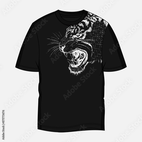 Tiger face print on black t shirt vector illustration ready to print isolated on white background