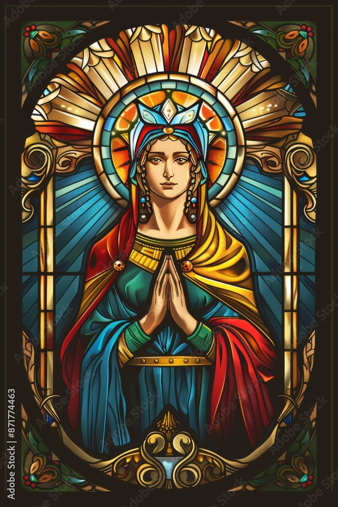 Fototapeta premium Radiant Angel Praying Stained Glass Window in Vibrant Colors