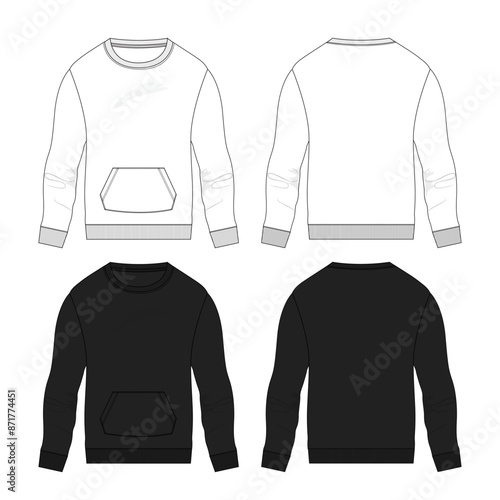 Long sleeve sweatshirt with pocket technical drawing fashion flat sketch vector illustration white and black color template front and back views isolated on white background