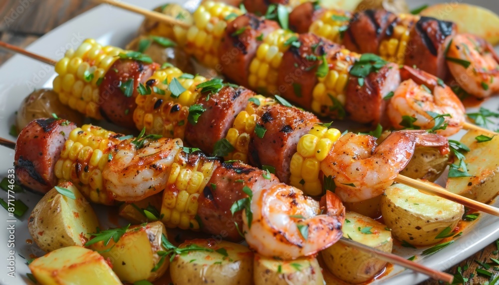 Grilled Shrimp and Sausage Skewers with Corn and Potatoes Grilled Shrimp and Sausage Skewers with Corn and Potatoes