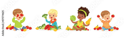 Happy Kid Character Harvesting Ripe Vegetables Vector Set