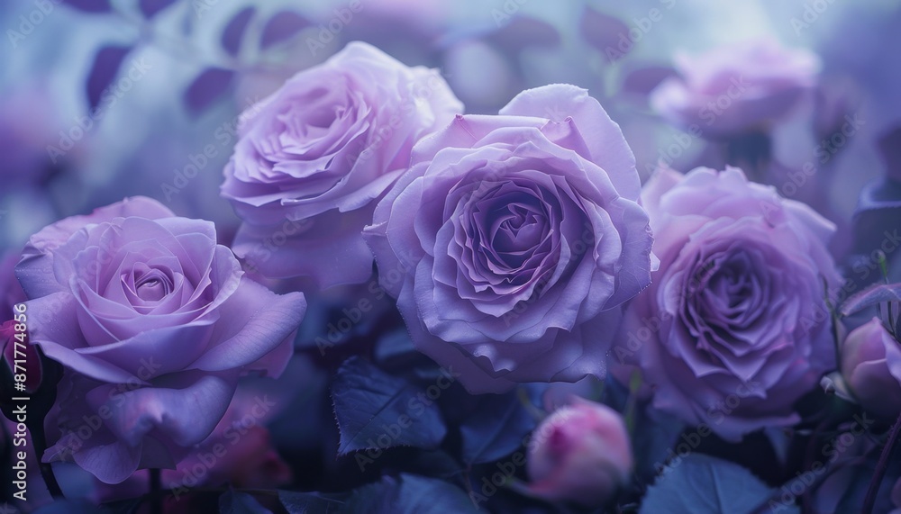 Enchanting Purple Roses in Misty Garden Scene Enchanting Purple Roses in Misty Garden Scene