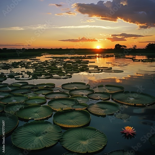 Sunset over a lake filled with water lily, Pantanal Brazil. Generative AI