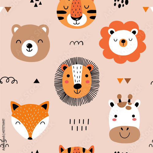 Seamless childish pattern with cute animal faces. Creative kids forest texture for fabric, wrapping, textile, wallpaper, apparel. Vector illustration